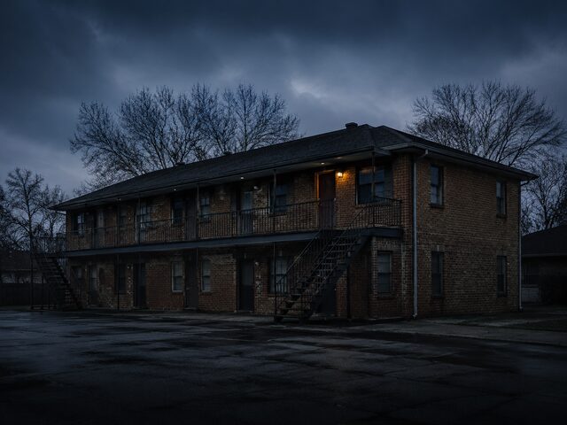 A small two-story brick apartment building at dusk