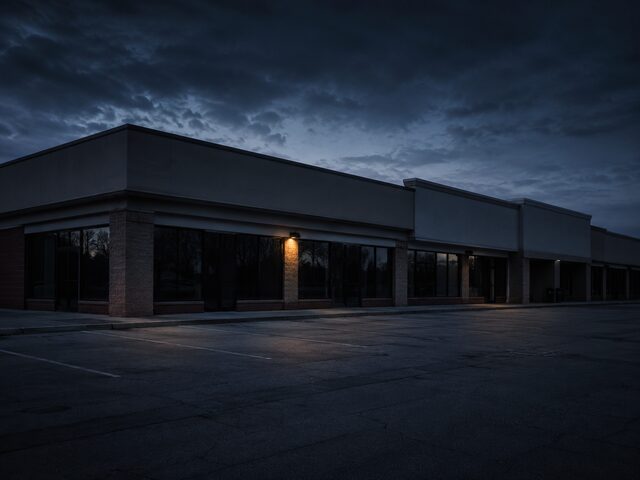 A single-story commercial strip retail building at dusk
