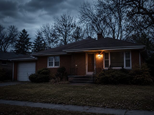 A modest single-story brick house at dusk