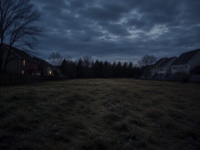 An empty grassy vacant lot at dusk