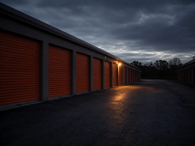A row of roll-up doors at a self-storage facility at dusk